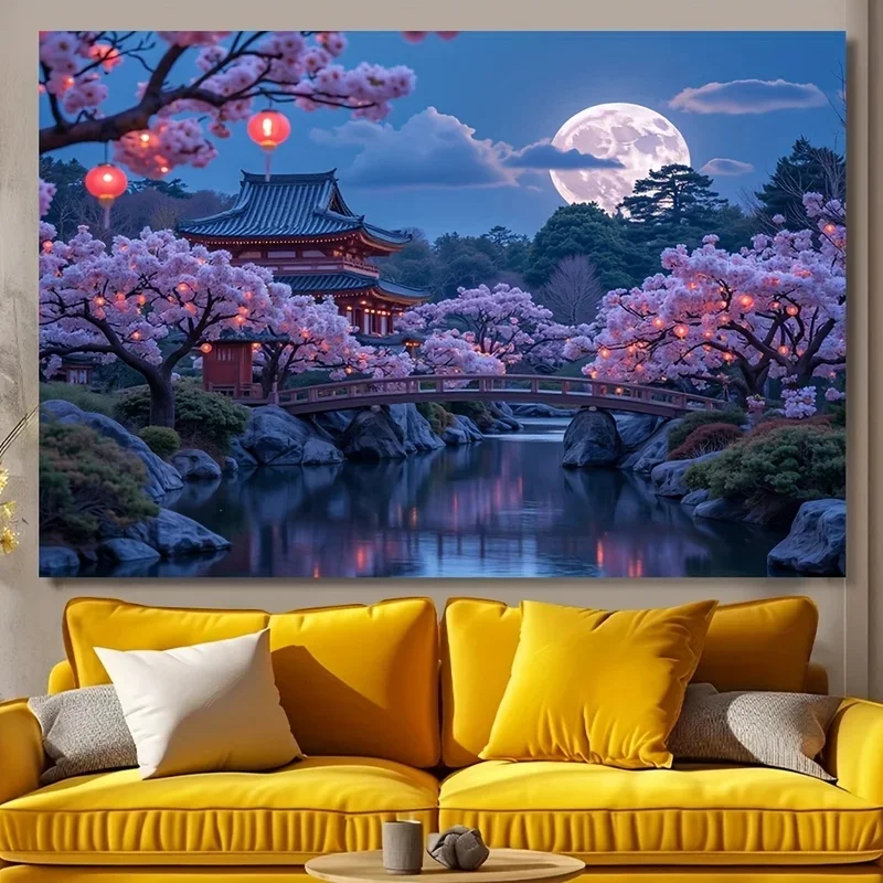 VIKAMA Japanese Garden Sakura Wall Hanging, Night Moon Pavilion Lake Scenery Tapestry, Lightweight Wall Cloth Indoor Decoration