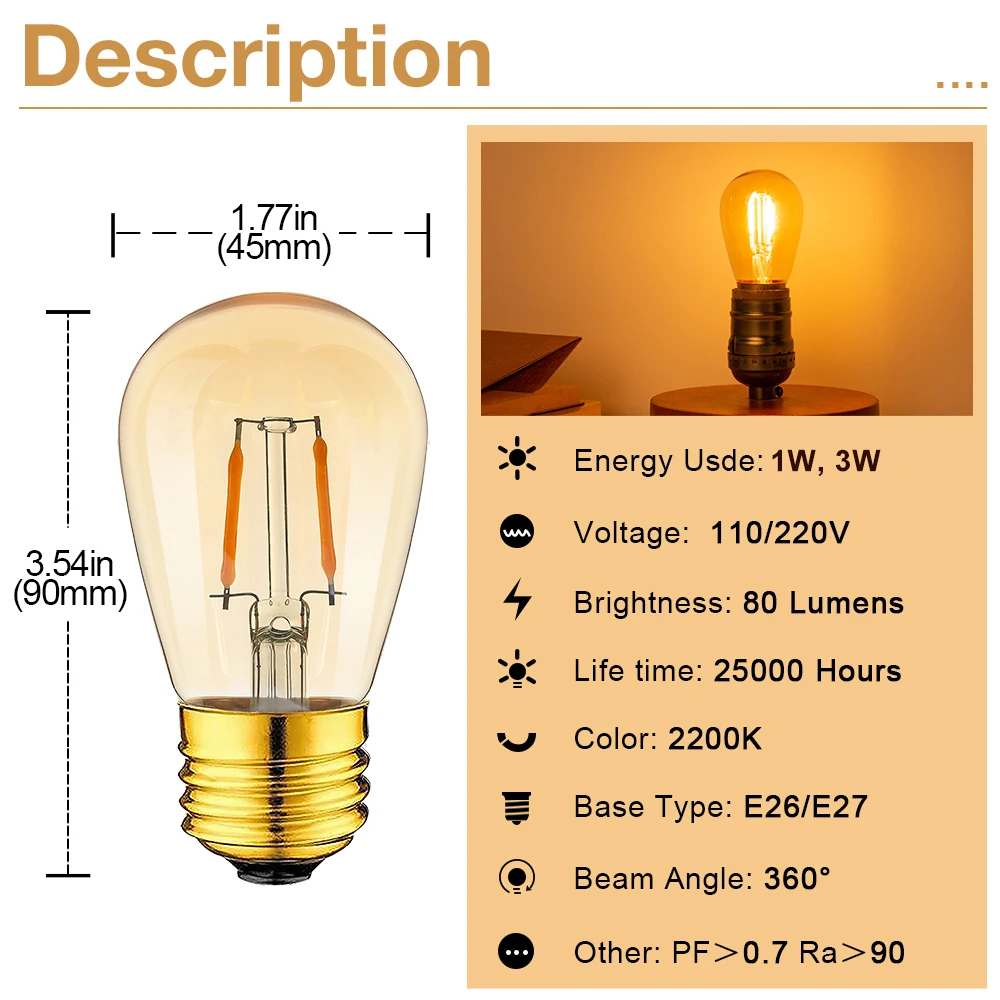 Vintage Edison Bulbs ST45 E27 E26 Amber Glass Warm White Filament Decorative Light Bulbs for Classical Pendant Chandelier Lights