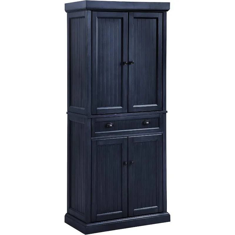 Seaside Coastal Pantry Storage Cabinet with Shelves, Kitchen, Dining, or Laundry Room, Distressed Navy