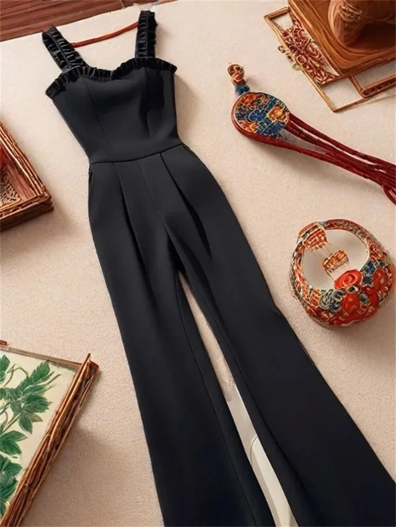 

Высококачественные черные брюки для отдыха с подтяжками, женские брюки с роскошным дизайном и высокой талией, летние модные женские элитные широкие комбинезоны, брюки