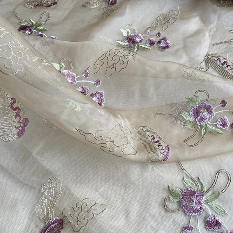 100x130cm Mulberry Silk Organza Fabric Floral Embroidery Silk Voile Material for Qipao Hanfu Horse Face Skirt Sewing Fabric