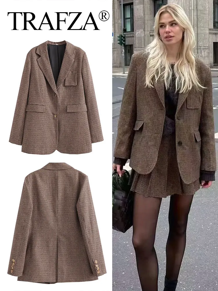 

TRAFZA Vintage Women's Houndstooth Blazer Single-breasted Suit Coat 2025 Spring Lady Office Commute Woman Outerwear Streetwear