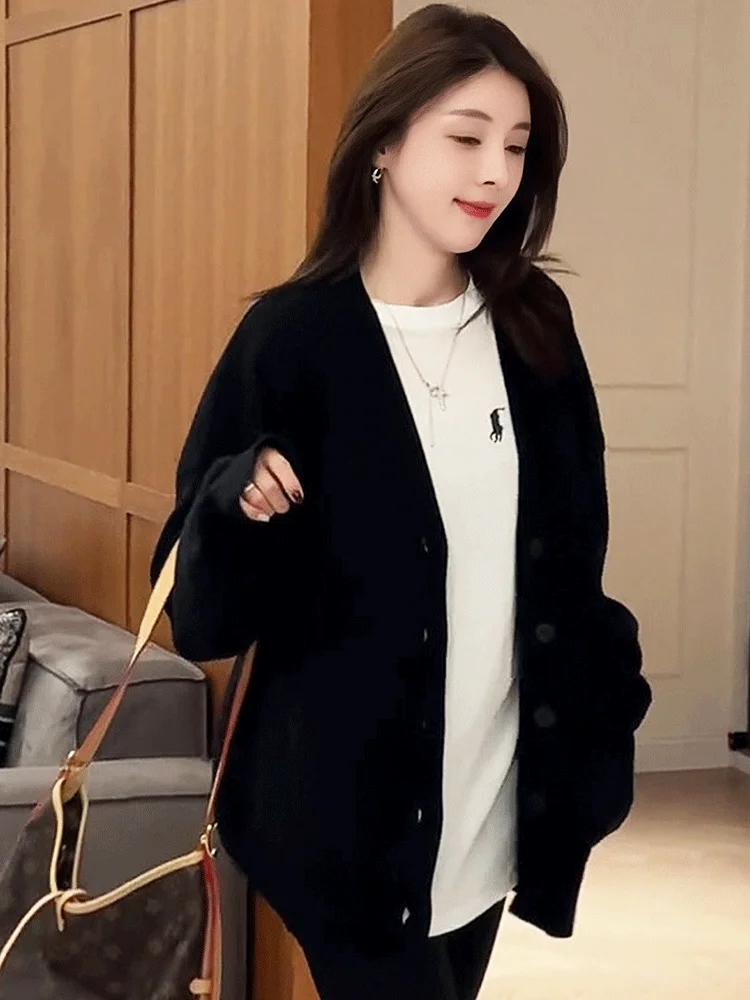 Saili Premium Black Knitted Sweater Cardigan Jacket for Women New Loose Long Sleeved Top