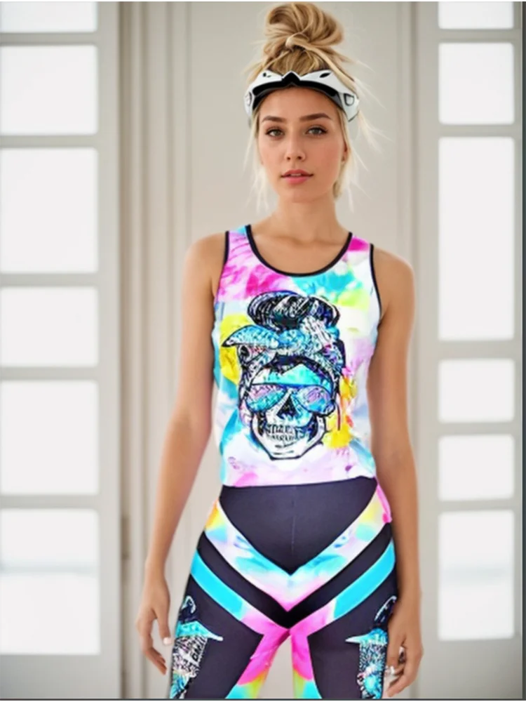 Colorful Printed Sleeveless Vest Slim Pants Set Women's Trendy Sports Yoga Suit Summer Tank Top Pants Set