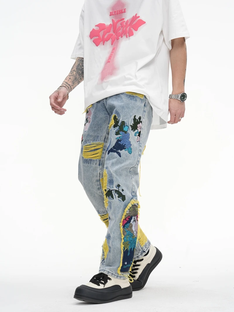 Chinesische Malerei-Stickerei auf Denim-Jeans für Herren, Streetwear mit Falten und Quasten, Distressed Destroyed Jeans, Gerade geschnittene Hose – Detail 5