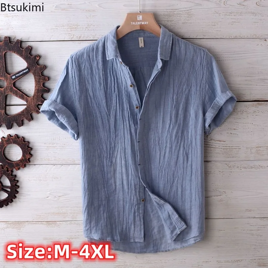 Vintage Pleated Linen Shirts for Men Summer Solid Casual Loose Short Sleeve Shirt Japanese Breathable Blouse Versatile Tops Male