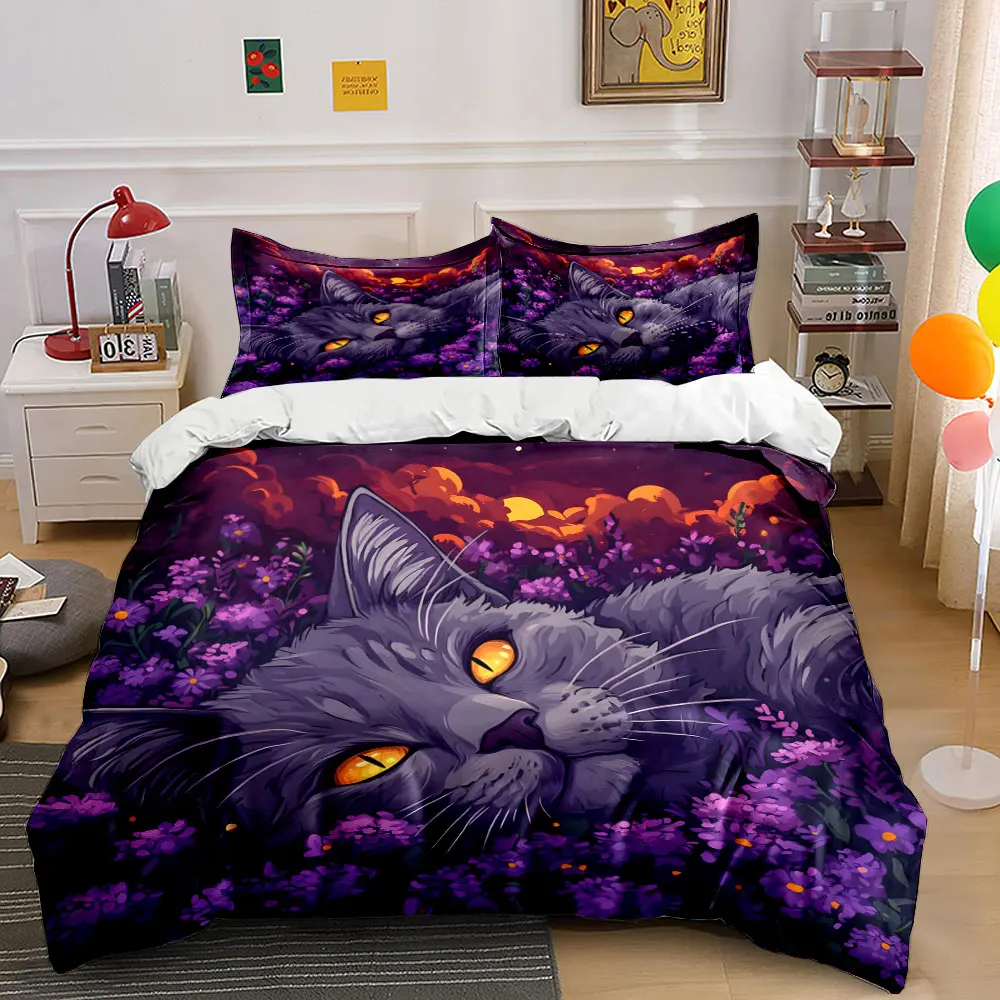 Sparkling-eyed cat in purple flowers Duvet Cover Set with 3D Printing Design Soft Polyester Bedding Set All-Season Comfort