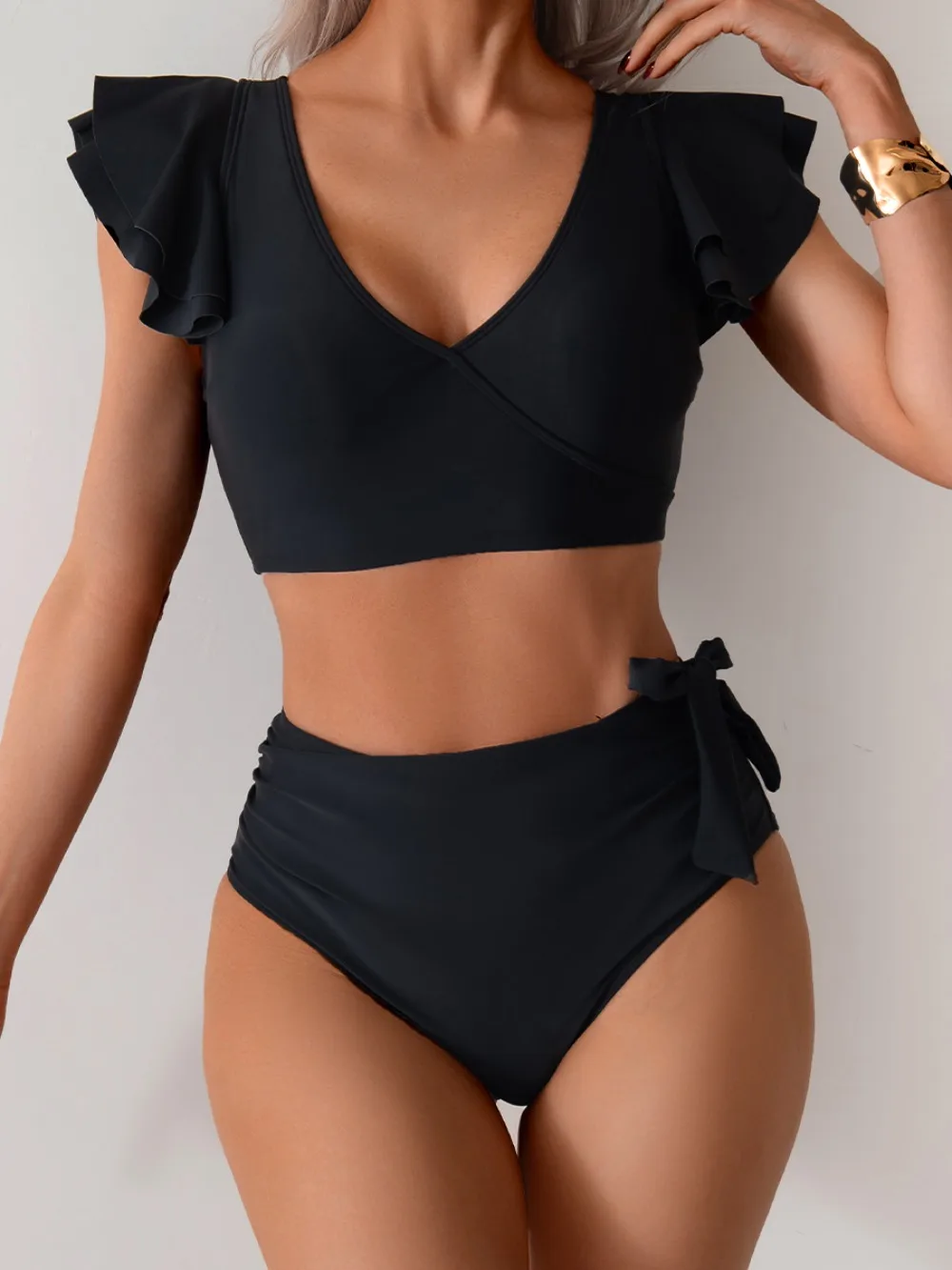 Minimally Spliced V-neck Small Fly Sleeves Women's High Waisted Swimming Trunks Beach Pool Water Sports Bikini Split Swimsuit