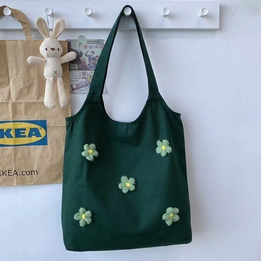 

One Shoulder Canvas Bag Minimalist Art Flower Print Handheld Cloth Bag Small Fresh Student Travel Shopping Bag Casual Tote Bag