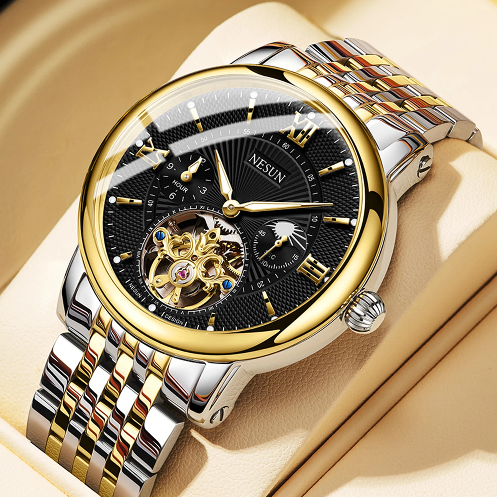 Orologio meccanico da uomo NESUN, movimento potente completamente automatico, orologio meccanico da lavoro luminoso autentico in acciaio inossidabile per