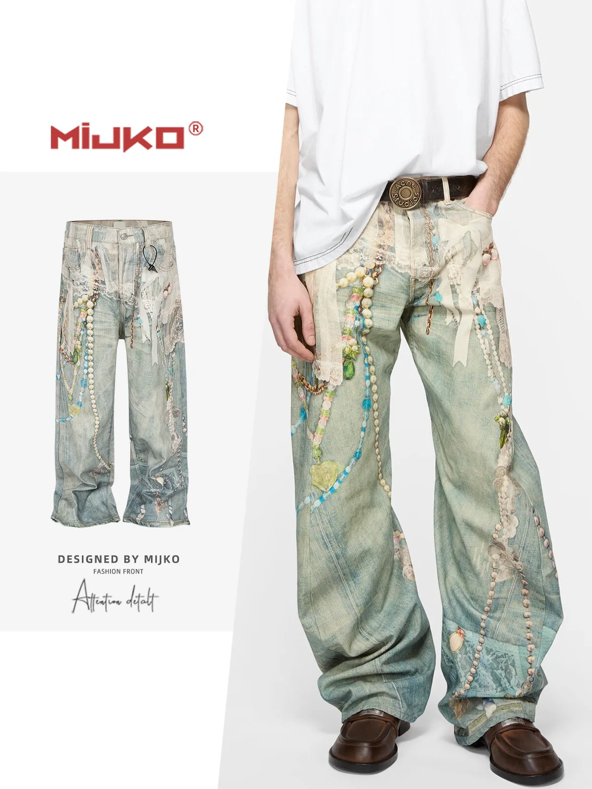 

MIJKO Unisex 1981M Straight Leg Jeans Lace Pearl Chain Print Trousers for Men And Women