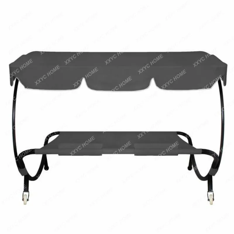 HHOutdoor Garden Lawn Beach Double Sunbeds Swimming Pool Folding Sun Loungers With Canopy And Wheels