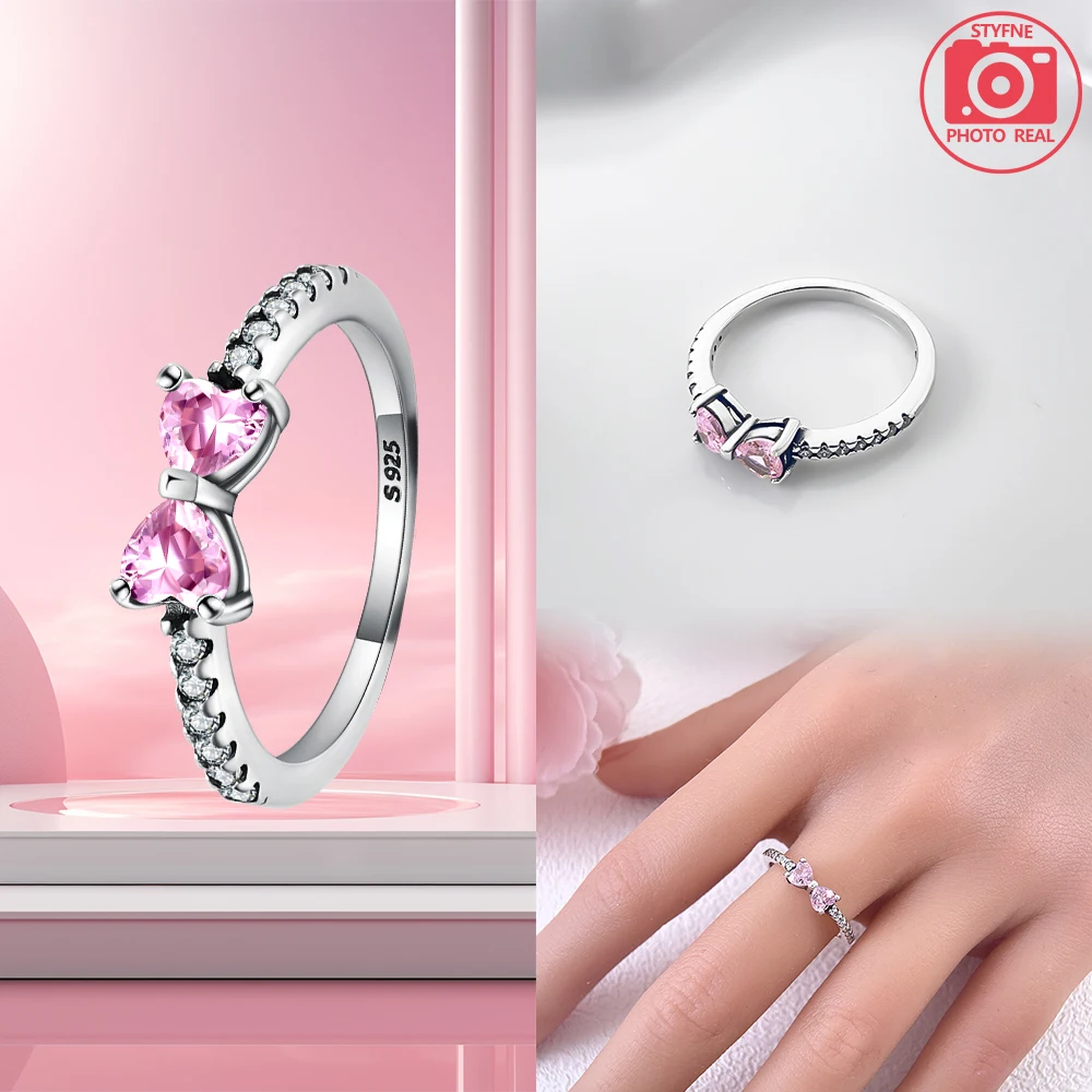 Anel de prata esterlina 925 elegante com faixa de anel de arco rosa brilhante feminino presente perfeito para ocasiões especiais