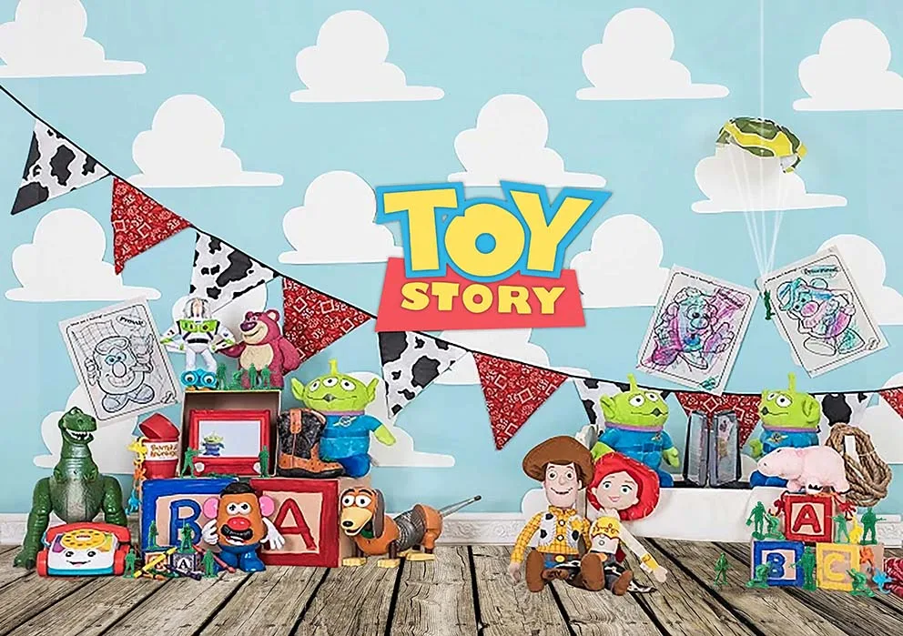 Фон «История игрушек» на заказ, голубое небо, белые облака, Базз Лайтер, домашняя сцена, детский день рождения, вечеринка, декор для детского душа