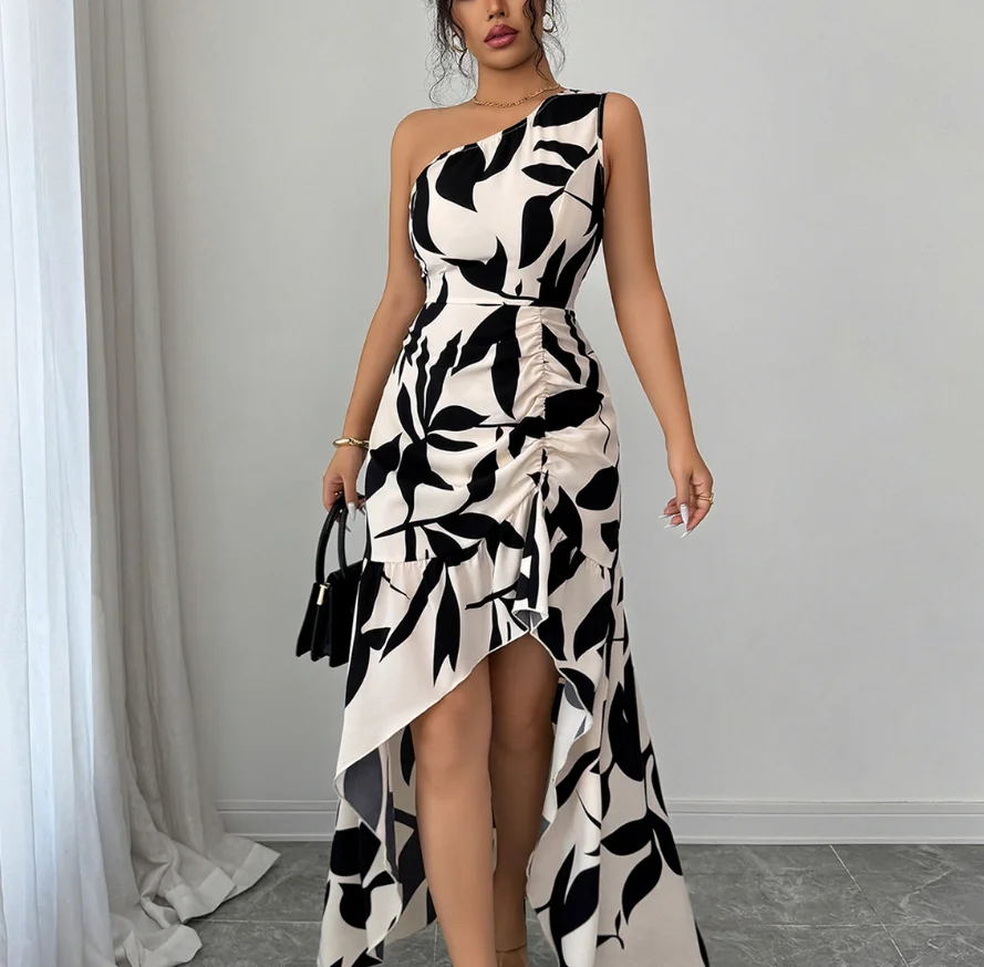 

Women's Dress Summer New Style Elegant Leaf Print Slanted Collar Off Shoulder Pleated Design High Waist Irregular Party Dress