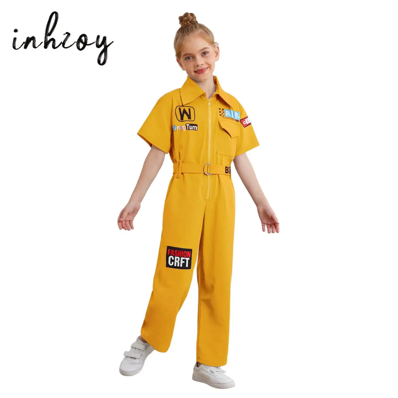 

Kids Girls Boys Hip-Hop Street Dance Outfit Letter Printed Jumpsuit Turn-Down Collar Short Sleeve Pockets Coveralls with Belt