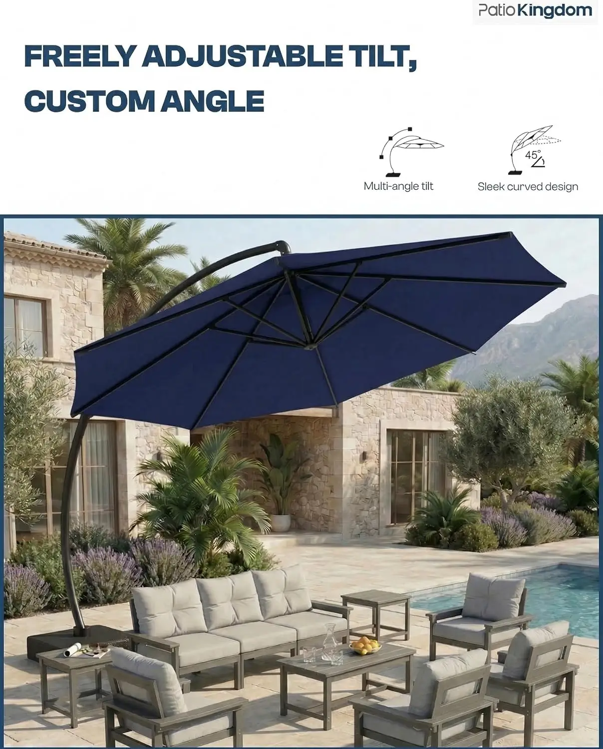 11FT Cantilever Umbrella with Base, 360° Rotation Offset Patio Umbrella, Aluminum Frame Sand Stand for Deck Pool, Customized