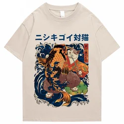 ヒップホップストリートスタイル原宿tシャツ猫は魚のプリントtシャツ2022メンズ夏の半袖tシャツ綿ルーズトップtシャツ