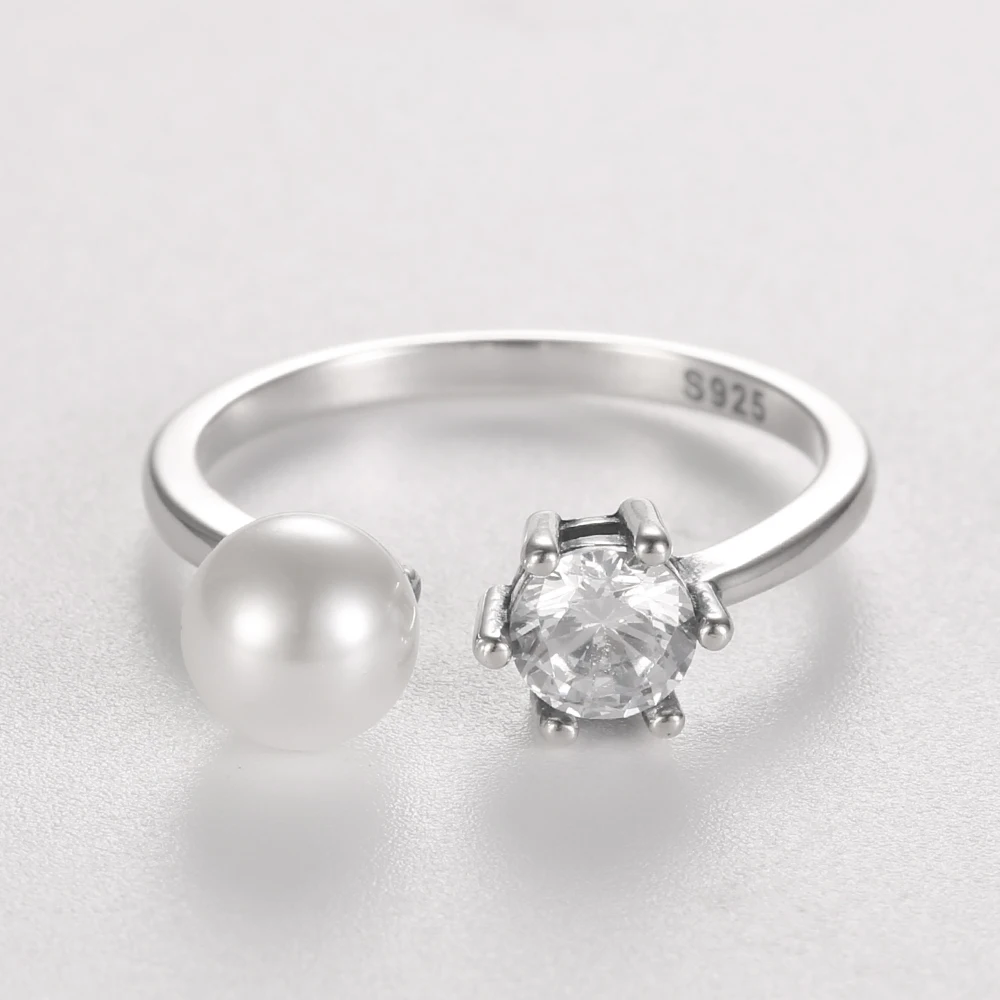 Women's 925 Sterling Silver Round Pearls AAA Zircon Open Finger Ring Fine Jewelry Dating Party Gifts