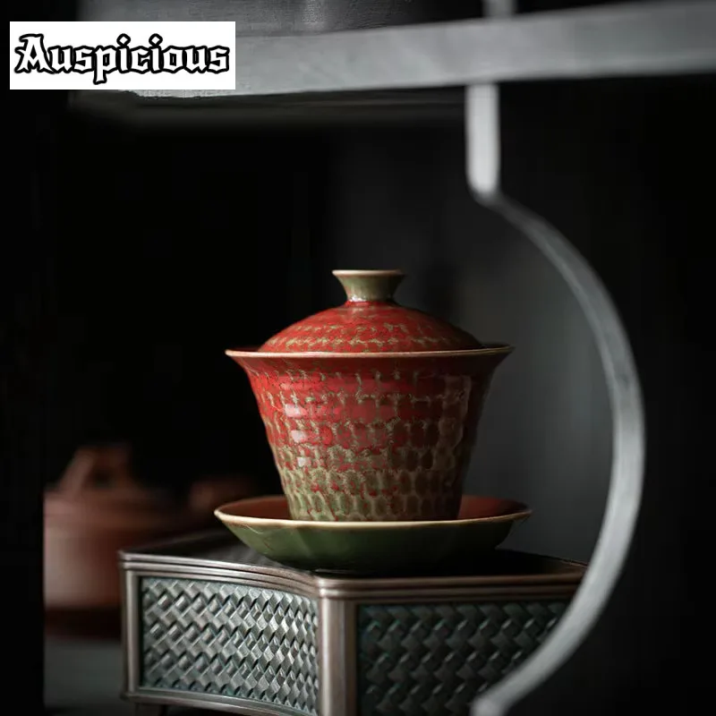 180ml Retro Garnet Red Ceramic Tea Tureen Handmade Hammer Sancai Tea Bowl Tea Maker Hand Grab Gaiwan Serve Tea Kung Fu Tea Set
