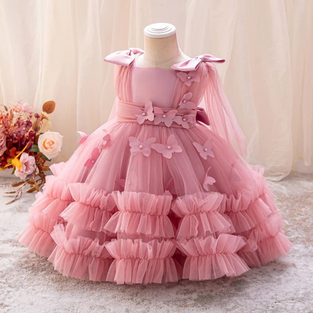 HETISO Baby Girls Princess Dress Butterfly Petal Tutu Party Prom Gown Kids Birthday Bridesmaid Wear 1-6 Years