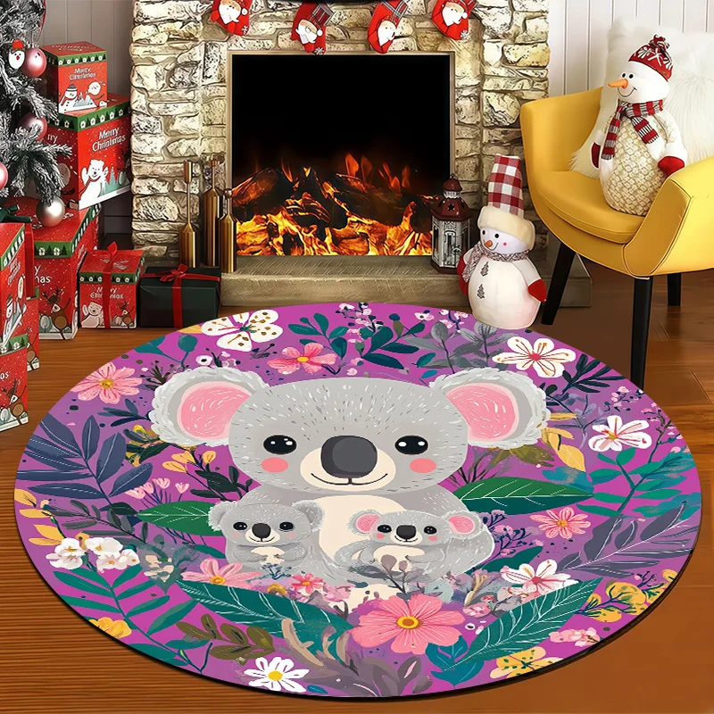 1pc Cute Koala & Koalas with Pink Ears & Paws, Green Foliage & Hibiscus Flowers Round Mat - Non-Slip Soft Plush Mat, Machine