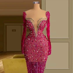 Luxury  Beaded Feathers Pearls Mermaid Evening Dress Long Sleeves Formal Event Gowns Vestidos De Festa