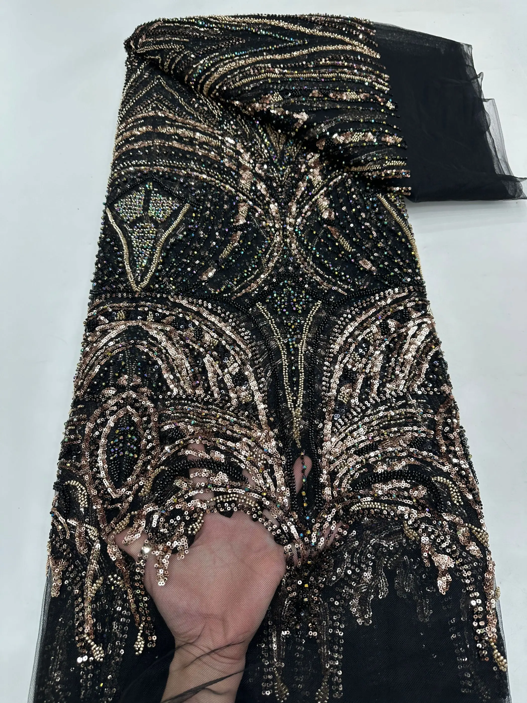 Fashion French Mesh Embroidery Sequins African Lace Tulle Fabric with Luxury Nigerian Beads for Wedding Dresses And Parties