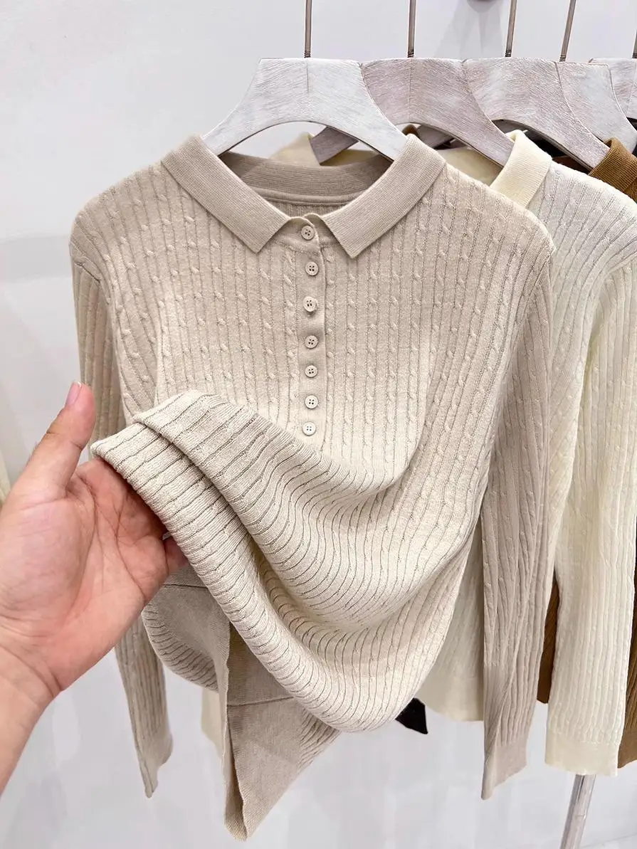 

plus Size Women's Long Sleeve Neck Knitwear Simple Match Autumn Winter Color Base Shirt Korean Style Straight Cut