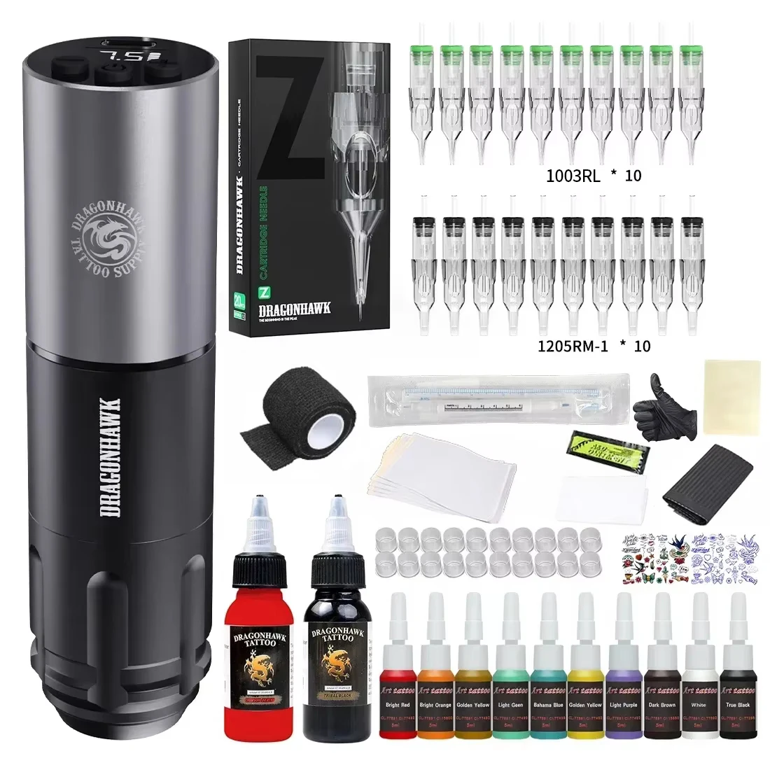 

Dragonhawk A1 3.5mm Stroke Wireless Tattoo Pen with Universal Cartridge Tattoo Needles and Ink Tattoo Machine Kit Complete