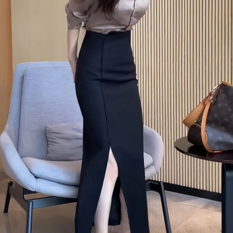New Fashion Split Sexy Skirt Women Autumn Wrapped Hip High Waist Slim Office Lady Pencil Skirts Solid Color Versatile Long Jupe