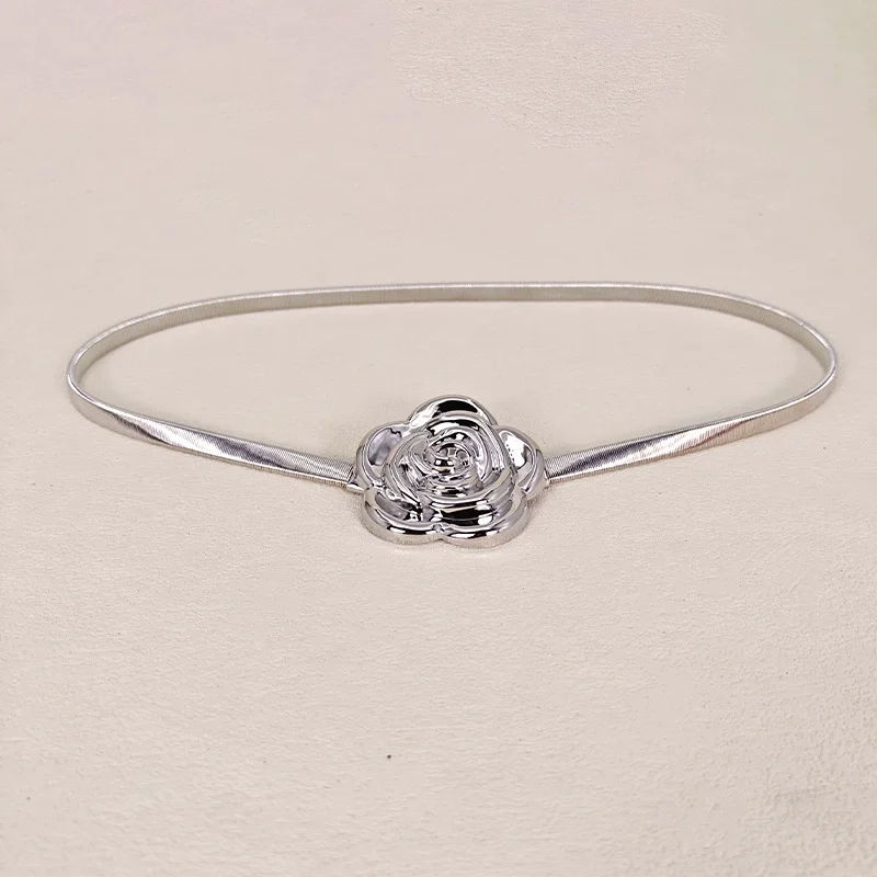 ผู้หญิงทองเงินโลหะยืดหยุ่นดอกไม้ Cummerbunds หญิงชุดรัดตัวเข็มขัดตกแต่งเข็มขัดแคบ TB363