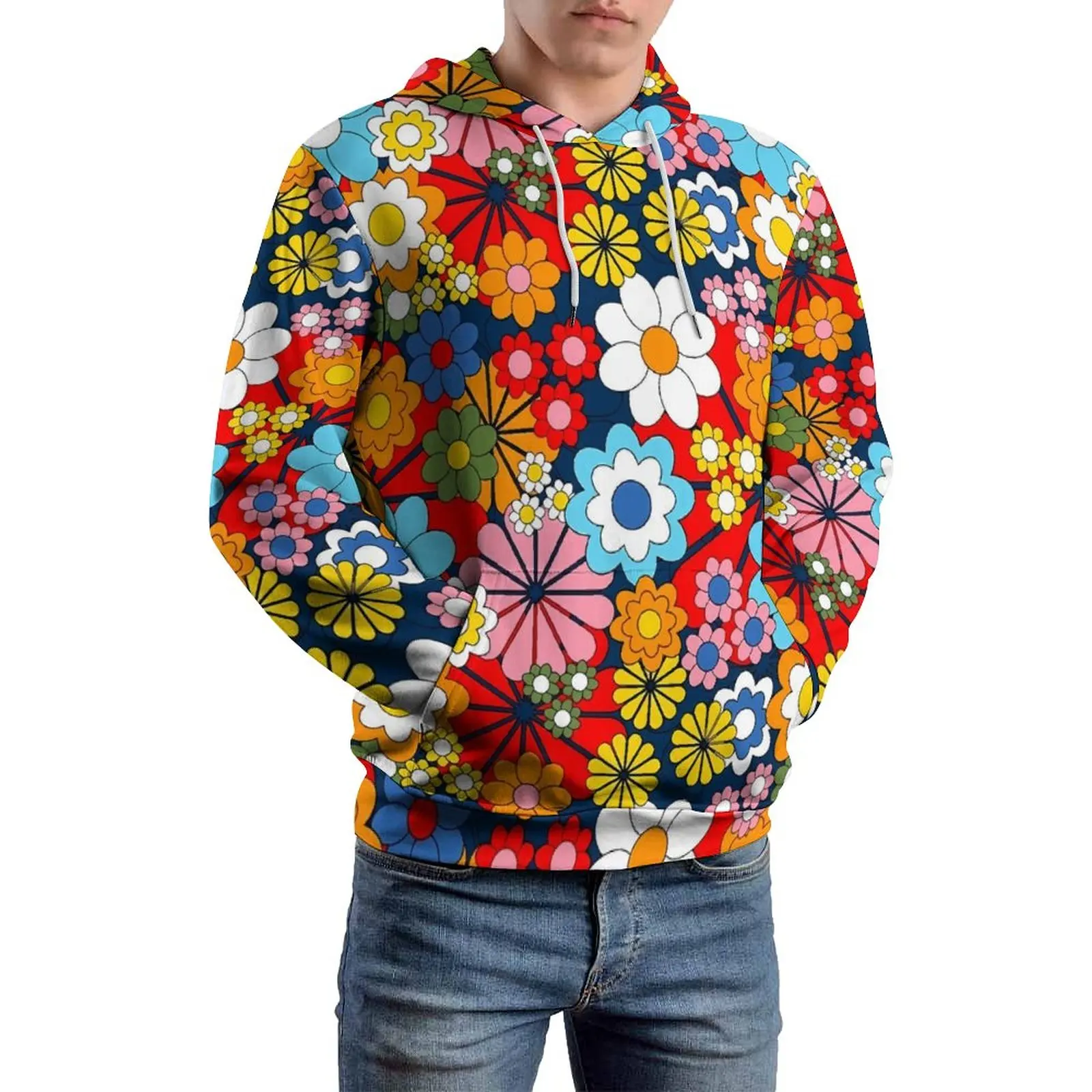 Bright Flower Power Loose Hoodies Retro Floral Print Harajuku Hoodie Man Long Sleeve Oversized Classic Design Clothing