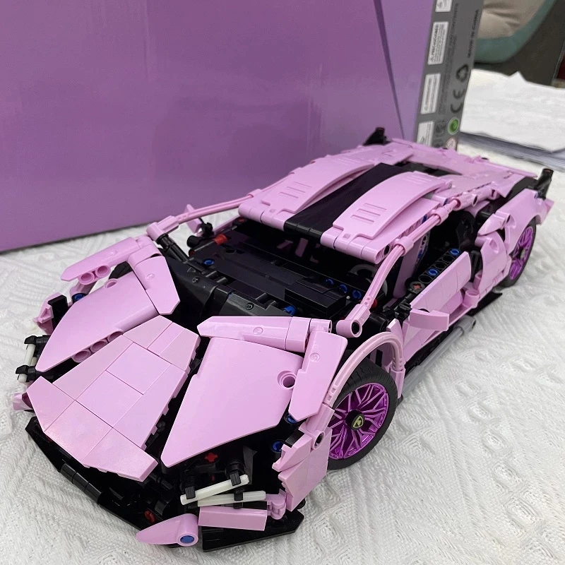 Technical Sports Car With Light 1:14 Pink Lambor Building Blocks Limited Edition Vehicle Assemble Bricks Toys Gifts For Girls