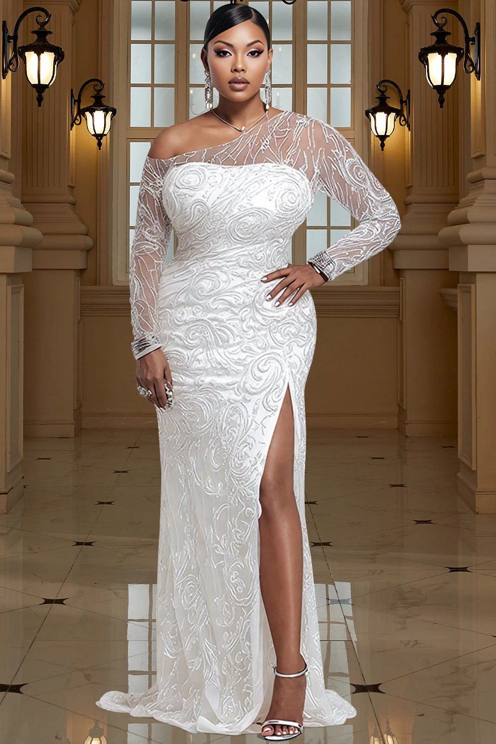 Lace Plus Size Mermaid Wedding Maxi Gown One Shoulder Sheer  Slit Train Formal Dress Women Evening Prom Wedding Guest Dress