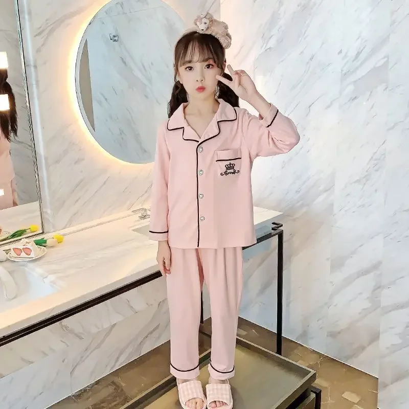 Kids' Loose Lightweight Spring Autumn Collared Long Sleeve Pajamas Set Toddler Girls Air Conditioning Wear Homewear