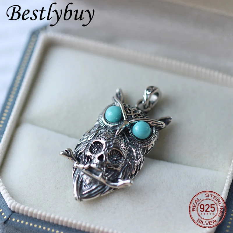 

NEW Authentic 925 Sterling Silver Jewelry Original Design Natural Turquoise Skull Owl Personalized Male And Female Pendant