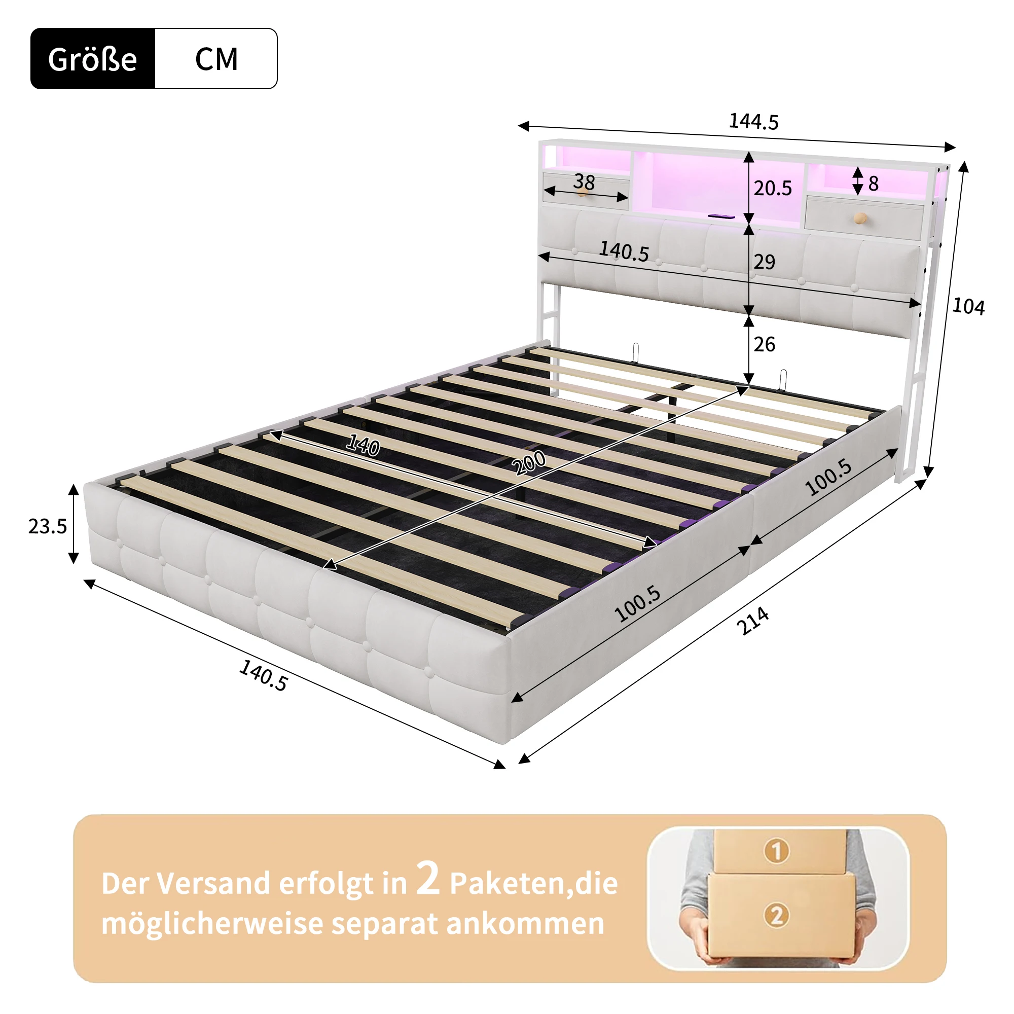 Rosahqnda Volwassen tweepersoonsbed 140/160x200 cm met LED-hoofdeinde, hydraulisch opklapbed met 2 hoofdeinde-laden, gestoffeerd bedframe, fluweel, beige/grijs, zonder matras