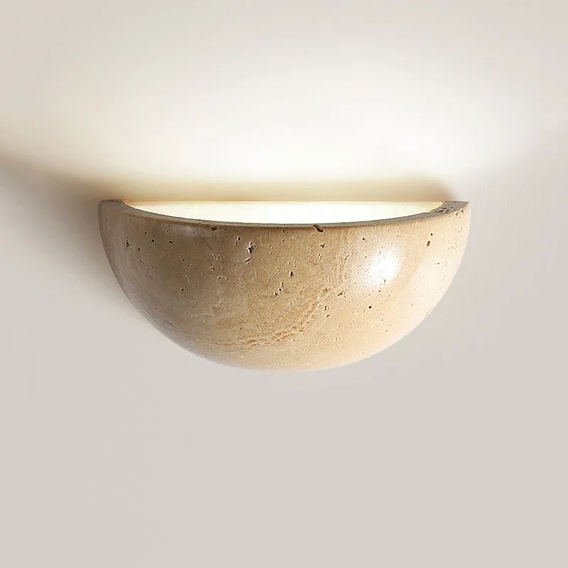 nordic wabi sabi estilo lampada de parede led para sala de fundo amarelo estilo creme travertline quarto fundo de cabeceira lampada de parede semicircular 01