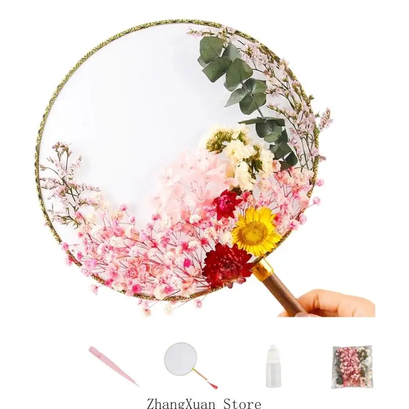 Chinesisches Blumen-Handfächer-Set mit Holzgriff für Regalpräsentation, Raumakzent, beruhigendes Gestalten, Geschenkgebrauch und – Detail 8