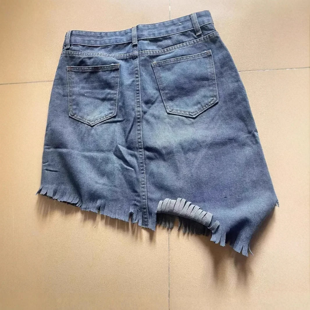 

Irregular Fringed Denim Half Body Skirt.New Fashionable and Personalized Distressed A-line Denim Short Skirt for Women in Summer