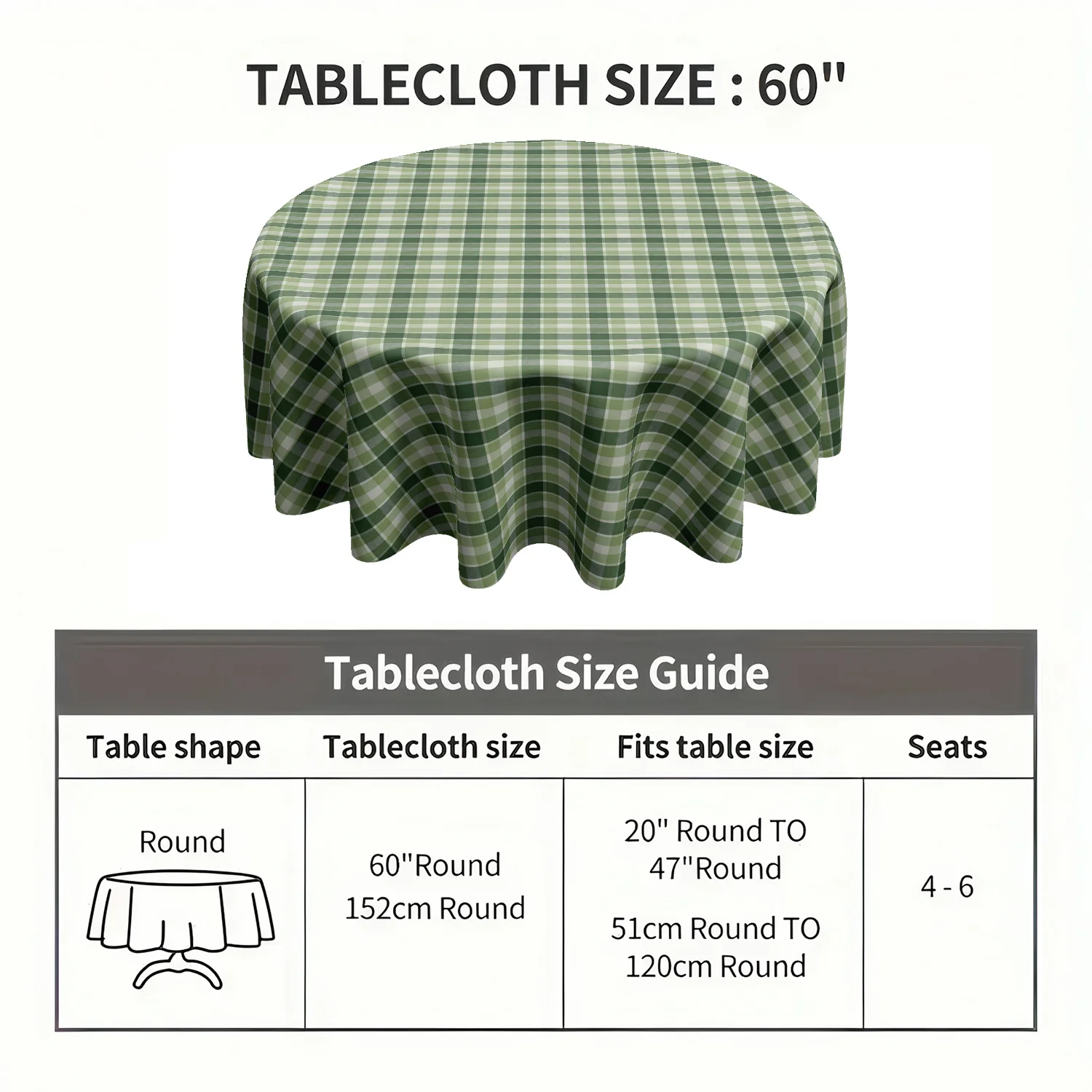 One green checkered circular tablecloth with a classic and timeless check pattern