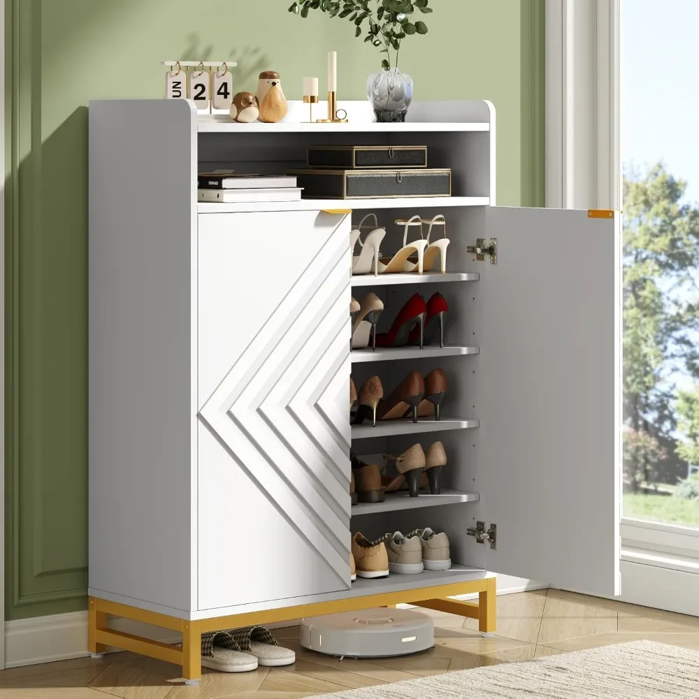 Shoes Cabinet for Entryway,6-Tier Shoe Storage Cabinet with Hombus Line Doors and Adjustable Shelves, Wooden Shoes Rack Modern S