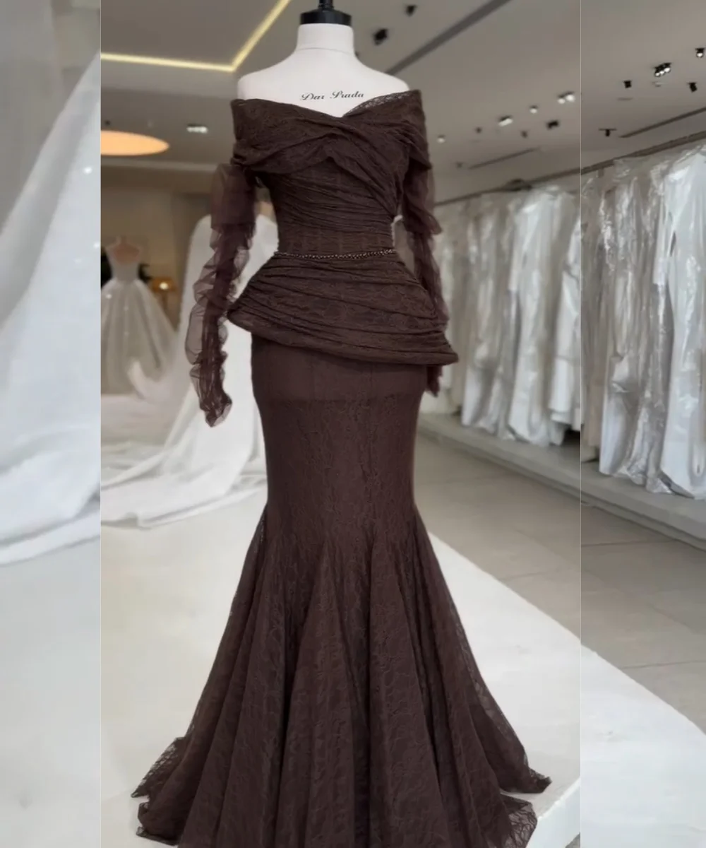Customized Formal Lace Pleat Sequined Trumpet Off-the-shoulder Long Bespoke Occasion Homecoming Dresses Classic