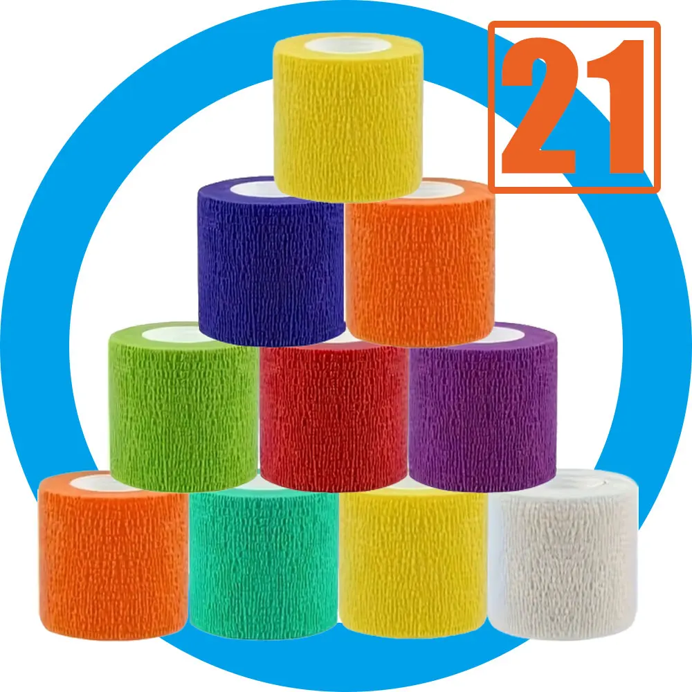 21 Rolls Mixed Color Self Adhesive Non-Woven Bandage, No Sticky Residue Bulk Elastic Wrap, Hand-Tear Breathable Athletic Tape fo