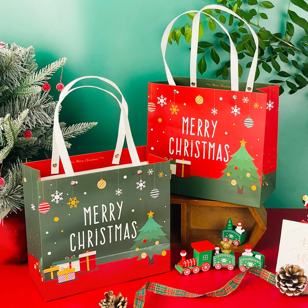 

Christmas Paper Gift Packaging Bag With Handles Candy And Apple Tote Bag Creative Large Capacity Shopping Bag Party Supplies