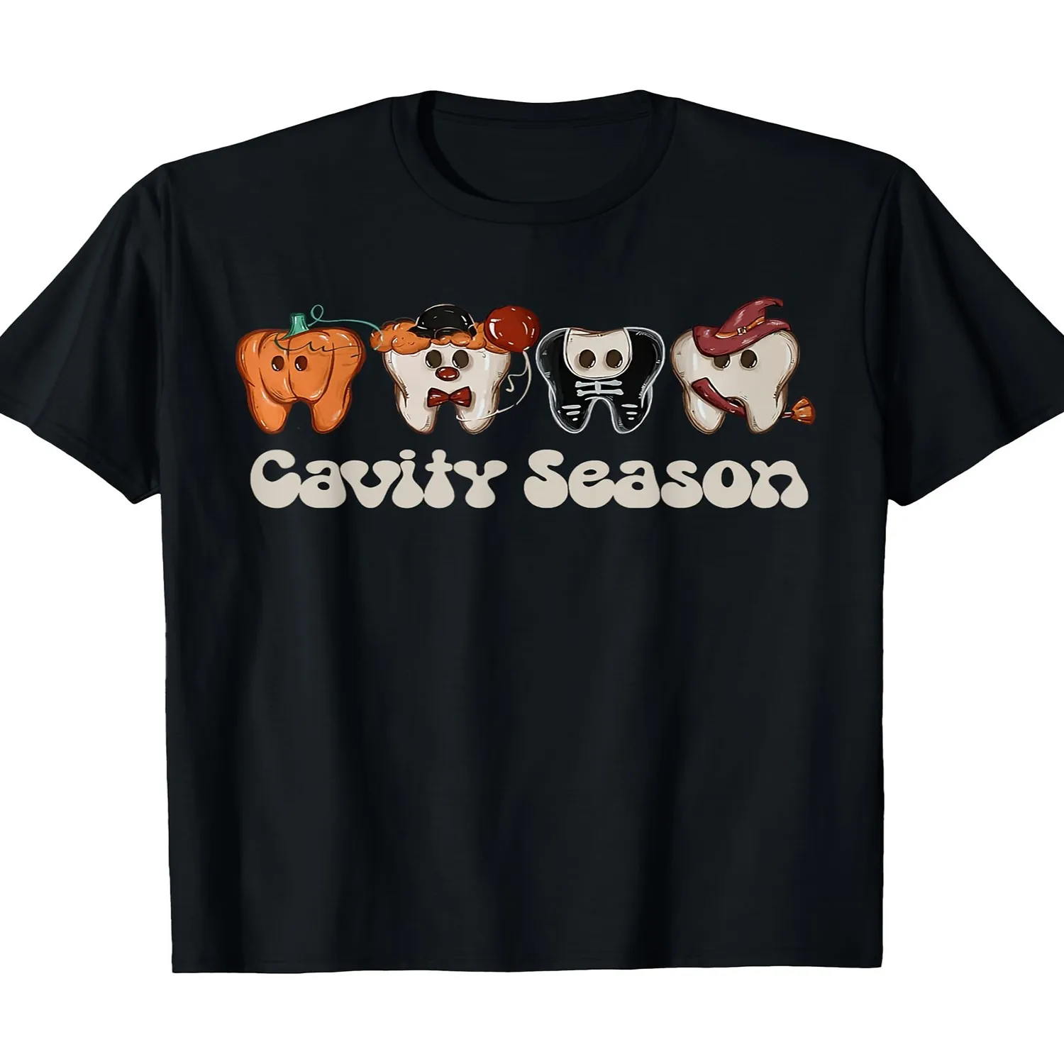 Funny Dental Cavity Season Halloween T-Shirt for s - Cavities-Themed Dentist Costume Party Tee with Tooth Characters, Black Cotton Shirt for Men Women, Casual Crew Neck Short Sleeve Top( Regular Unisex T Shirt Gift For Her