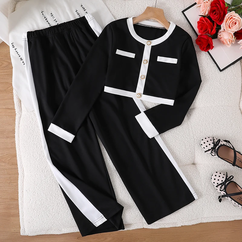 Teen Girls Black White Color Block Suit, Round Neck Pocket Decor Long Sleeve Blouse And Loose Straight Casual Trousers