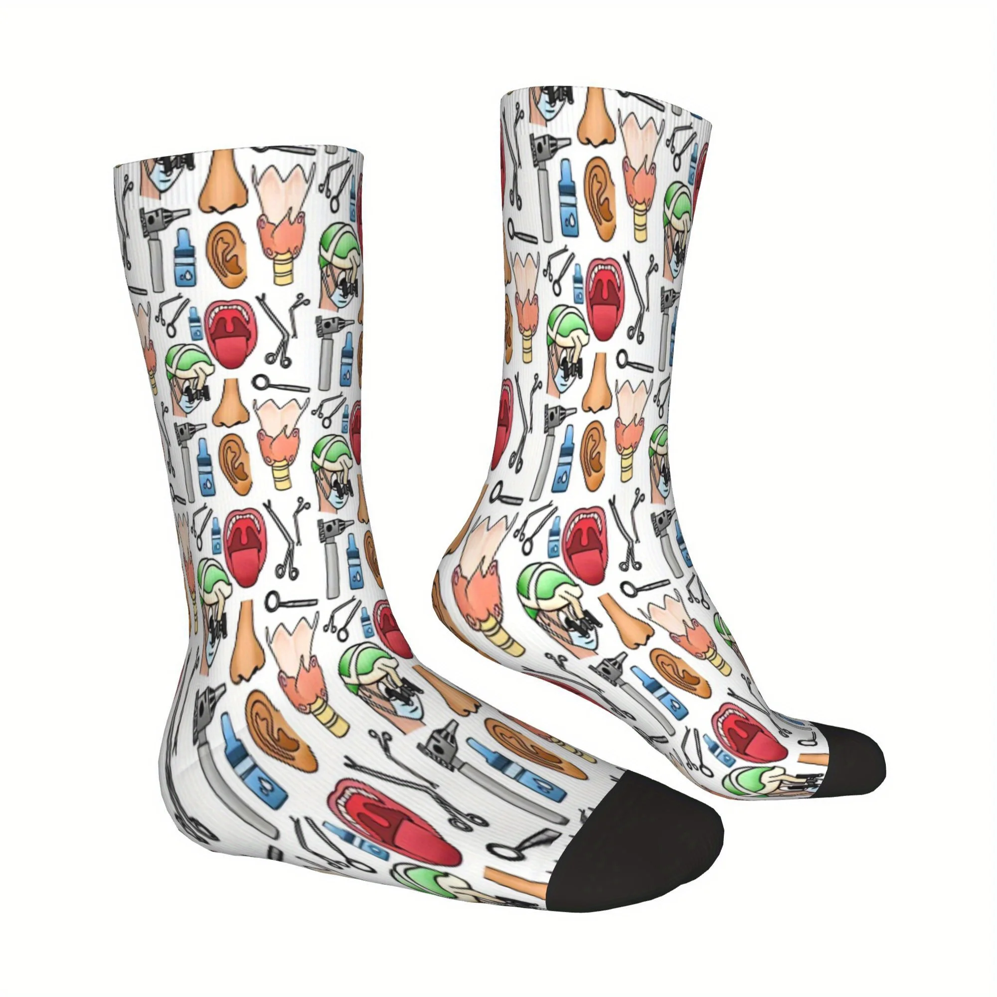 Men's Medical-Themed Socks Full-Body Print with Ear Nose Laryngoscope Designs Polyester Breathable Socks for Healthcare