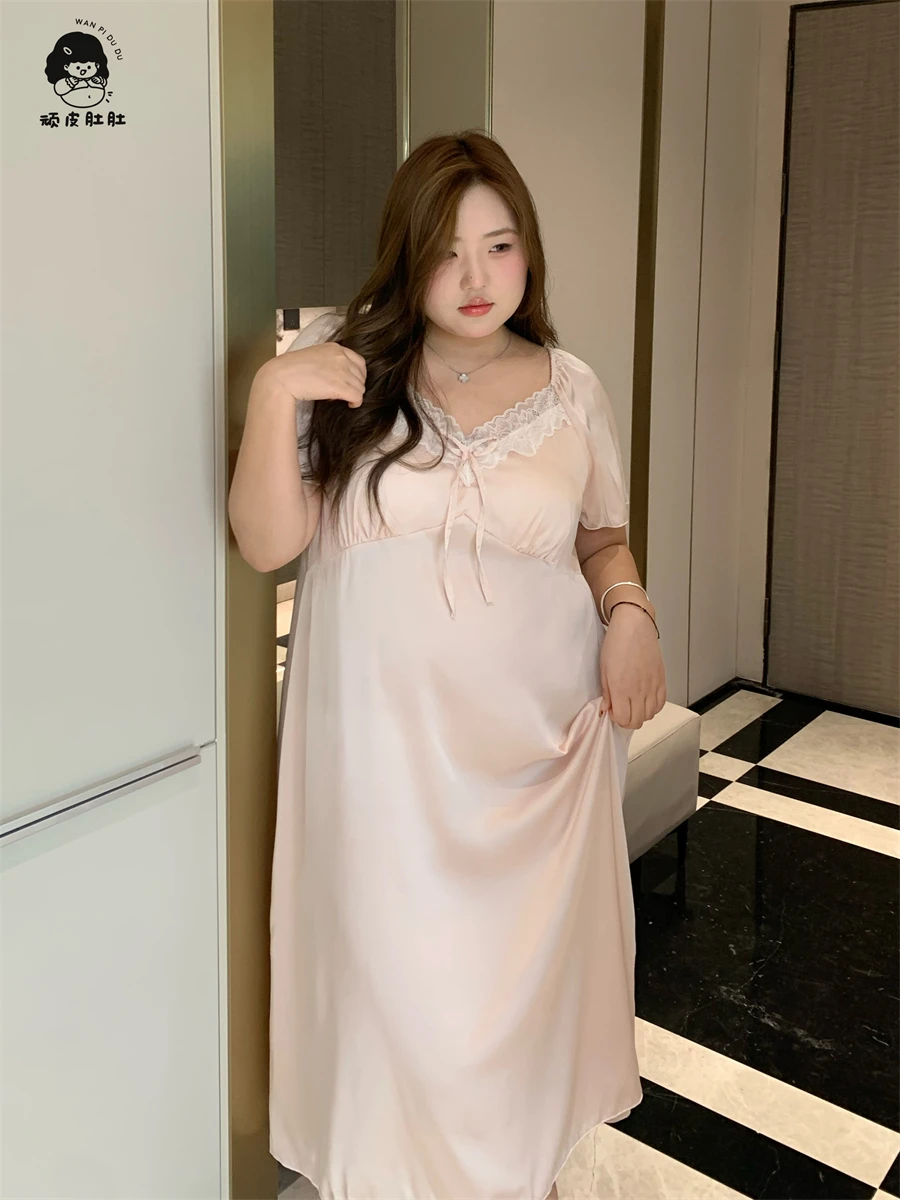 プラスサイズ寝間着-アイスシルク-胸パッド付き-200ポンド対応-太めmm-春新作-クラウドアイスシルク-スリップドレス-優しい蓮のピンク-高級